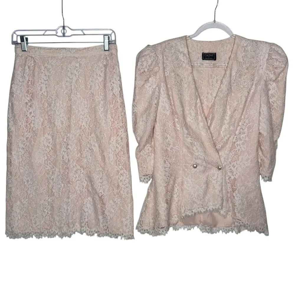1980s Cachet Bari Protas Victorian Romantic Lace Peplum Suit Set USA Size 4